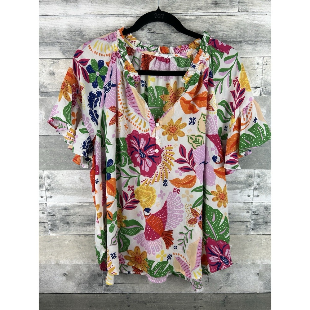 CYNTHIA ROWLEY PLUS SIZE MULTICOLOR FLORAL SHORT SLEEVE BLOUSE/TOP SZ 1X